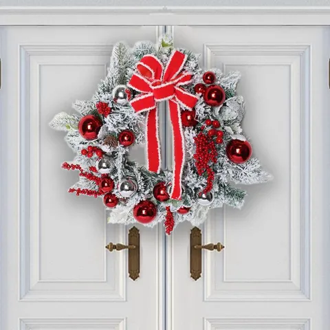 Artificial Flocked Christmas Wreath With Red Bow Pine Cones Berries Ornaments For Front Door Mall Hotel Holiday Decor Garland