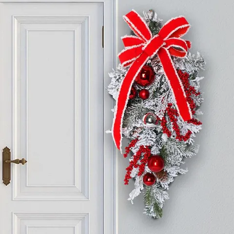 Artificial Flocked Christmas Wreath With Red Bow Pine Cones Berries Ornaments For Front Door Mall Hotel Holiday Decor Garland
