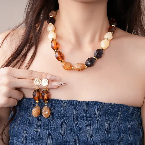 Bohemian Acrylic Geometric Beaded Necklace For Women Vintage Marble Resin Chain Jewelry Fashion Chunky Sweater Chain Bracelet Earrings Jewelry