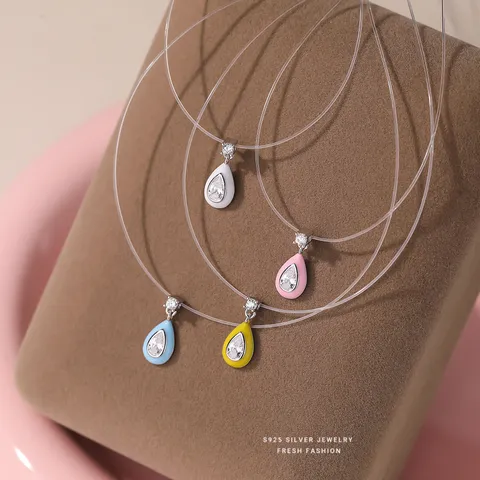 S925 Sterling Silver Zirconia Necklace For Women Elegant Waterdrop Pendant Invisible Fishing Line Clavicle Chain Jewelry Gift