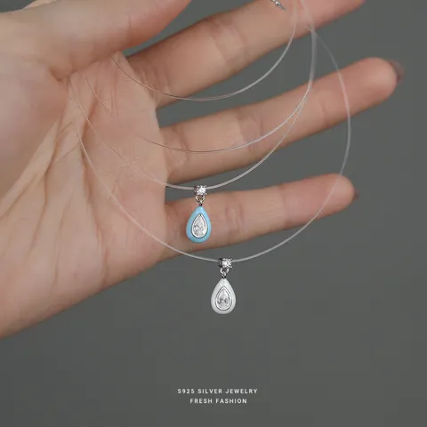 S925 Sterling Silver Zirconia Necklace For Women Elegant Waterdrop Pendant Invisible Fishing Line Clavicle Chain Jewelry Gift