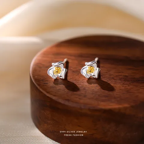 Minimalistische 999 Reines Silber Kamelie Ohrstecker Gold Staubblätter Blume Ohr Knochen Nägel Trendy Ins Kleine Menge Tägliche Vielseitige Damen Ohrringe Schmuck