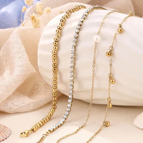 Women Layered Copper Anklet Set Paperclip Cuban Link Chain Anklets With Rhinestone Artificial Pearl Beach Holiday Jewelry