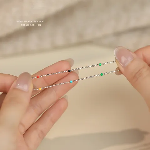 Bracelet en Argent Sterling 925 Perles de Couleur Dopamine pour Femme Minimaliste Perles en Émail Mode Chaîne Réglable Bijoux
