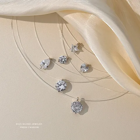 925 Sterling Zilver Onzichtbare Vislijn Ketting Voor Vrouwen Elegante Zirconia Hanger Minimalistische Choker Zeemeermin Tranen Sieraden