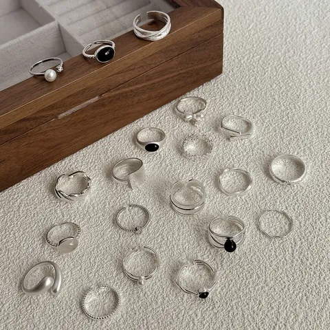 925 Sterling Zilver Minimalistisch Open Ring Voor Dames Verstelbaar Geometrisch Strass Kunstparel Vingerring Sieraden