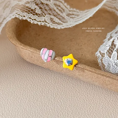 925 Sterlingsilber Asymmetrische Herz Stern Ohrstecker Bunte Emaille Strass Dopamin Stil Ohrringe Schmuck Für Damen