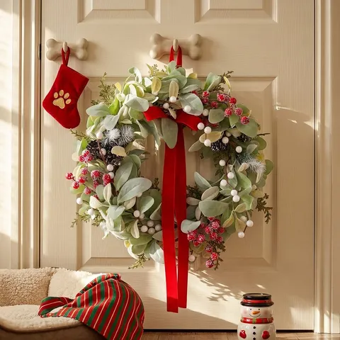 Red Velvet Bow Rabbit Ear Leaf Christmas Wreath Artificial Green Plant Garland For Front Door Home Holiday Party Decor