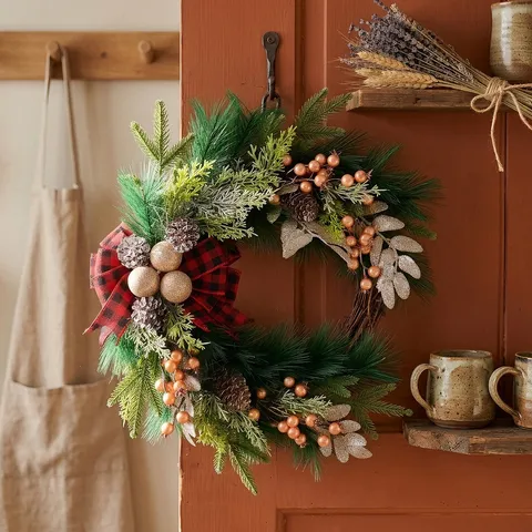Christmas Wreath Red Black Plaid Bow Pine Branch Garland Pine Cone Berry Front Door Wall Hanging Xmas Decoration Home Party Holiday Decor