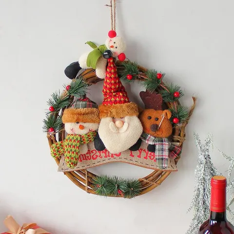 Christmas Wreath Natural Rattan Door Hanging Decoration Santa Claus Snowman Plush Doll Festive Ornament Window Home Decor Hanging Wreath