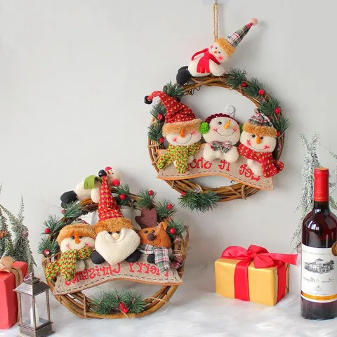 Christmas Wreath Natural Rattan Door Hanging Decoration Santa Claus Snowman Plush Doll Festive Ornament Window Home Decor Hanging Wreath