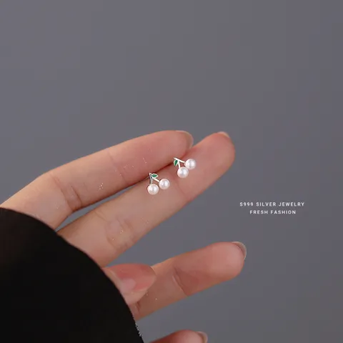 999 Feinsilber Kirsche Ohrstecker Koreanischen Ins Stil Süße Künstliche Perle Frucht Ohrring Zarte Ohr Schmuck Für Frauen Mädchen Geschenk