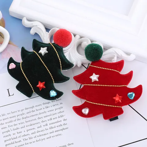 Pinza para el Cabello de Árbol de Navidad de Terciopelo Hecha a Mano para Niños con Diamantes de Imitación Estrella Corazón Accesorio Festivo