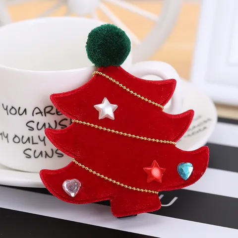 Pinza para el Cabello de Árbol de Navidad de Terciopelo Hecha a Mano para Niños con Diamantes de Imitación Estrella Corazón Accesorio Festivo