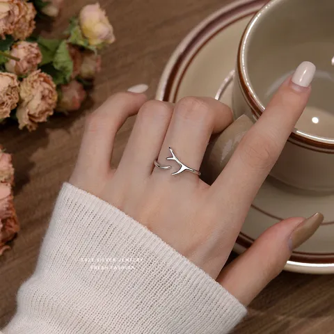 S925 Sterling Silver Antler Open Ring For Women Minimalist Adjustable Reindeer Horn Finger Ring Fashion Jewelry Gift