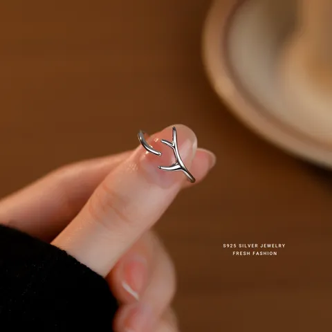 S925 Sterling Silver Antler Open Ring For Women Minimalist Adjustable Reindeer Horn Finger Ring Fashion Jewelry Gift