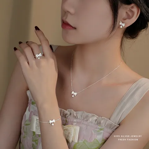 Sweet Mori Girl Silver Bowknot Lily Of The Valley Pendant Necklace For Women Electroplated Cable Chain Fine Silver Choker Fashion Jewelry Daily Dating Neck饰 Gift