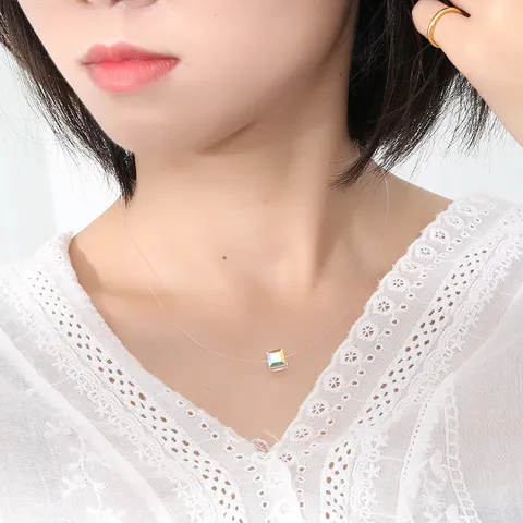 925 Sterlingsilber Moissanit Zirkon Anhänger Transparente Angelschnur Halskette Minimalistischer Modeschmuck Geschenk Für Damen