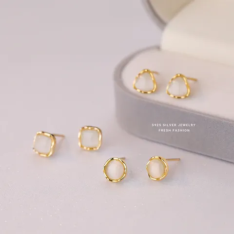 925 Sterlingsilber Katzenauge Stein Geometrische Ohrstecker Vergoldet Minimalistischer Modeschmuck Ohrring Geschenk Für Damen