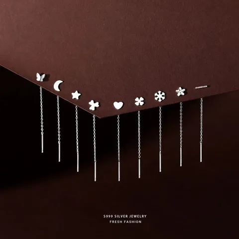 S999 Fine Silver Tassel Ear Threads Minimalist Long Dangle Chain Earrings For Women Fashion Elegant Jewelry Gift