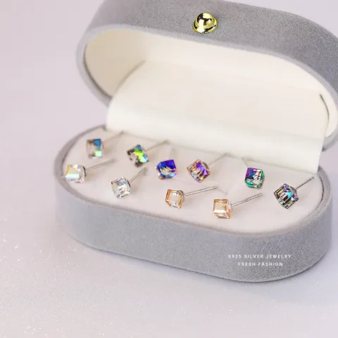 S925 Sterling Silver Austrian Crystal Square Stud Earrings Rainbow Aurora Sweet Light Luxury Fashion Jewelry Women Gift