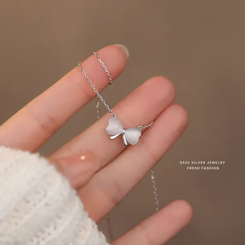 925 Sterling Zilver Kattenoog Steen Ketting Voor Dames Lichte Luxe Tulp Strik Klaver Hanger Sleutelbeenketting