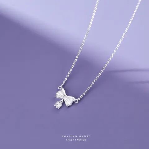 Sweet Mori Girl Silver Bowknot Lily Of The Valley Pendant Necklace For Women Electroplated Cable Chain Fine Silver Choker Fashion Jewelry Daily Dating Neck饰 Gift
