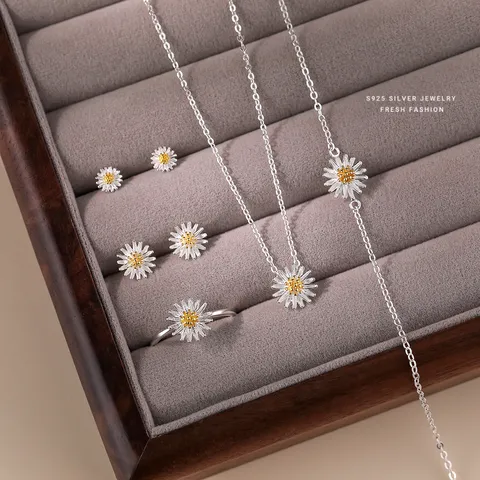 925 Sterlingsilber Gänseblümchen Schmuckset Für Damen Mori Stil Süß Frisch Daisy Halskette Ohrringe Ring Armband Floral Schmuck