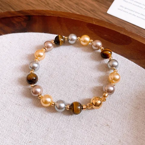 Retro Maillard Style Tiger Eye Stone Beaded Artificial Pearl Bracelet Necklace Elegant Brown Hand String Jewelry For Women Gift