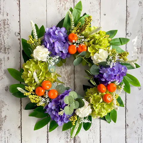 Artificial Hydrangea Orange Wreath For Front Door Decor Pastoral Plastic Rattan Floral Hanging Ornament Home Living Room Wall Decoration