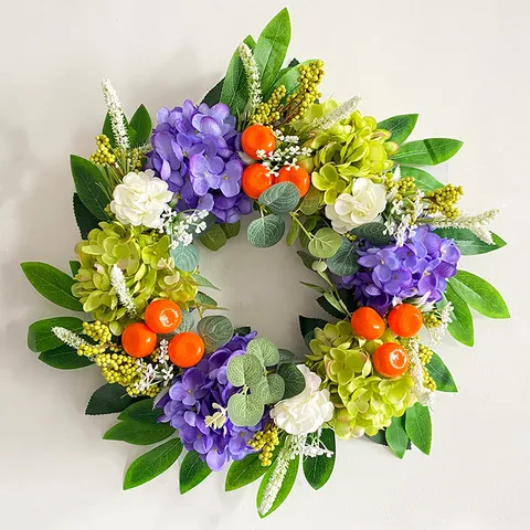 Artificial Hydrangea Orange Wreath For Front Door Decor Pastoral Plastic Rattan Floral Hanging Ornament Home Living Room Wall Decoration