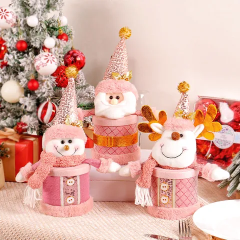 Pink Christmas Candy Jar Santa Claus Snowman Reindeer Plush Gift Packaging Box For Christmas Eve Apple Storage Home Party Decor