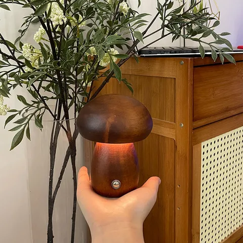 Modern Minimalist Wooden Mushroom Night Light USB Rechargeable LED Touch Dimmable Atmosphere Table Lamp Natural Beech Walnut Desk Lamp Home Decor