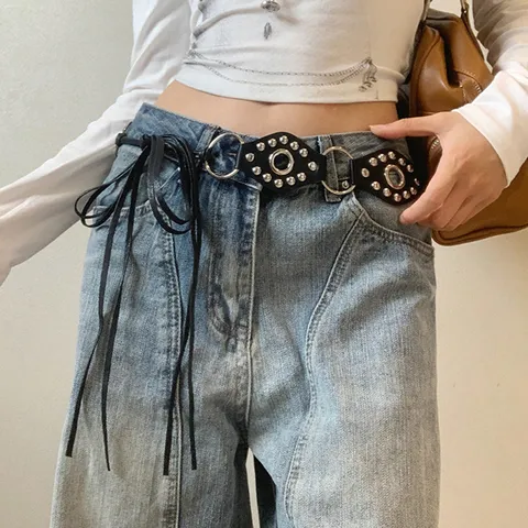 Women Vintage Punk Faux Leather Waist Belt Geometric Oval Patchwork Rivet Studded Metal Ring Link Lace-Up Tassel Corset Belt Waist Chain Accessories