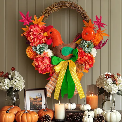 Thanksgiving Artificial Maple Leaf Wreath Hanging Ornament Autumn Door Wreath With Cartoon Chick Doll And Hydrangea Pumpkin Bowknot For Home Festival Decor