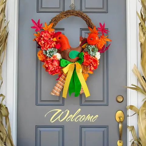 Thanksgiving Artificial Maple Leaf Wreath Hanging Ornament Autumn Door Wreath With Cartoon Chick Doll And Hydrangea Pumpkin Bowknot For Home Festival Decor