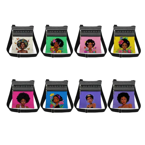 Fashion Women Polyester Printed Messenger Bag Black Girl Portrait Stripe Pattern Double Zipper Lightweight Crossbody Bag Everyday Casual Shoulder Bag