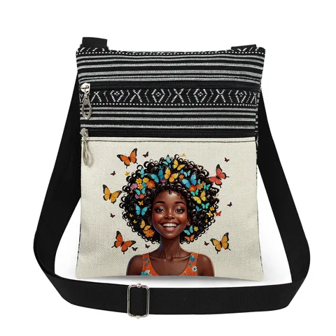 Fashion Women Polyester Printed Messenger Bag Black Girl Portrait Stripe Pattern Double Zipper Lightweight Crossbody Bag Everyday Casual Shoulder Bag