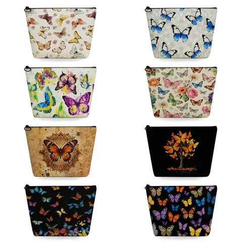 Trousse à Maquillage en Lin avec Imprimé Papillon Pochette à Maquillage avec Fermeture Éclair Sac de Rangement de Toilette Voyage Femme