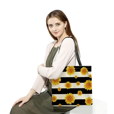 Damen Mode Polyester Sonnenblume Muster Tragetasche Casual Leicht Faltbar Umhängetasche Einkaufstasche Grosse Kapazität Offene Handtasche