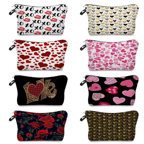 Polyester Cosmetic Bag Multicolor Printed Heart Rose Pattern Zipper Organizer Makeup Pouch For Travel Women Daily Accessories