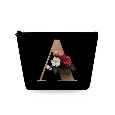 Linen Zipper Cosmetic Bag Black Gold Initial Letter Flower Print Portable Toiletry Pouch Lipstick Storage Organizer For Travel Women