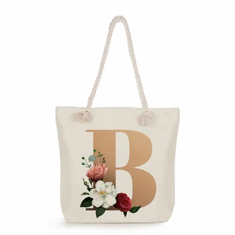 Minimalist Linen Tote Bag With Thick Rope Handle Large Capacity Printed Alphabet Flower Single Shoulder Bag Artistic Casual Satchel Handbag For Women Student Everyday