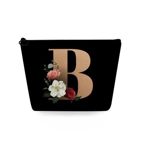 Linen Zipper Cosmetic Bag Black Gold Initial Letter Flower Print Portable Toiletry Pouch Lipstick Storage Organizer For Travel Women