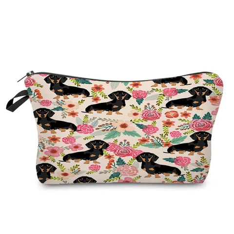 Trousse à Maquillage Portable en Polyester Imprimé Chien Teckel Mignonne Pochette Organisateur de Toilette de Voyage