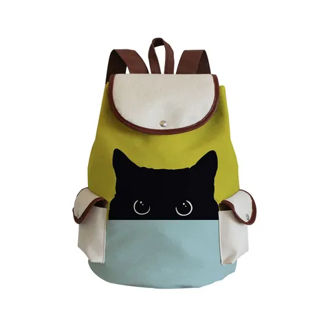 Cute Color Block Cat Unicorn Print Canvas Backpack Large Capacity Flap Drawstring Schoolbag For Teen Girls Casual Backpack Travel Daypack