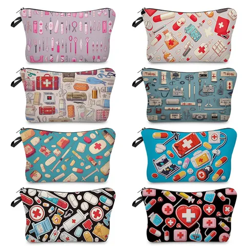 Borsa da Trucco Stampa Serie Medica Grande Capacità Poliestere Trousse Donna Medici Infermieri Organizzatore da Viaggio