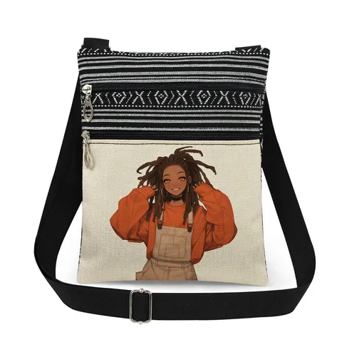 Women Cute Black Girl Print Canvas Crossbody Bag Double Zipper Casual Travel Shoulder Bag Printed Messenger Bag Fashion Handbag
