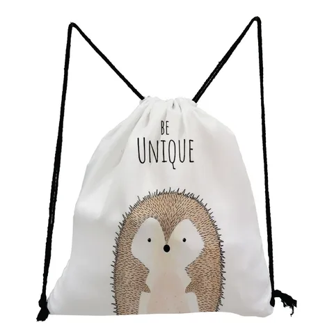 Cute Cartoon Animal Drawstring Backpack For Women Kids White Polyester Casual String Bag Travel Storage Sack For School Gift