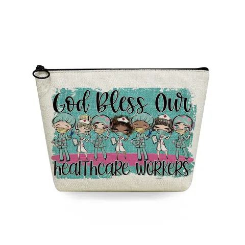 Linen Nurse Printed Cosmetic Bag Healthcare Worker Multi-Functional Zipper Makeup Storage Toiletry Pouch For Travel Daily Women